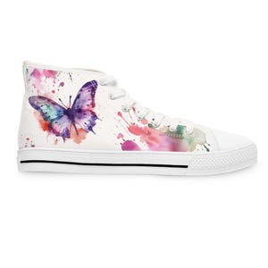 Watercolor Waterproof Butterfly High Tops, Women&#39;s Sneakers, Custom Design Shoes, Butterfly Pattern Sneakers, Unique Handpainted Sneakers
