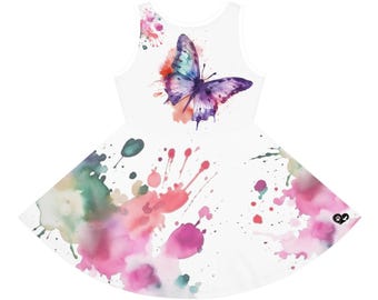 Girls&#39; Watercolor Butterfly Sundress, Summer Floral Dress, Kids Boho Sleeveless Dress, Children&#39;s Party Wear, Butterfly Print Dress