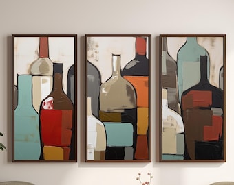 Pintura de botellas, impresiones de arte moderno de mediados de siglo conjunto de 3, decoración abstracta de arte de pared, impresiones digitales, descarga digital, azul y rojo