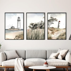 Coastal Painting Midcentury Modern Art Prints Set of 3, Abstract Geometric Printable Wall Art, Digital Download, Beach House Decor