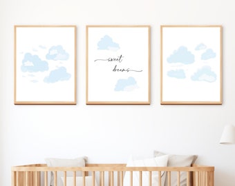 Cloud Prints Set van 3, Blue Sky Quote Babykamer, Afdrukbare Muurkunst, Kinderkamer Decor, Jongenskwekerij, Meisjeskwekerij, Digitale Download