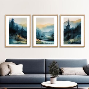 Forest Watercolor Painting, Midcentury Modern Art Prints Set of 3, Abstract Printable Wall Art, Wall Decor, Digital Download, Panorama