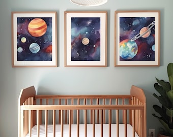 Space Watercolor Painting Art Prints Set of 3, Astronomy Printable Wall Art, Wall Decor, Digital Download, Nursery Wall Art, Planets, Kids