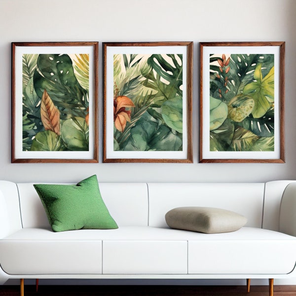 Jungle Watercolor Midcentury Modern Art Prints Set of 3, Abstract Geometric Wall Art Decor, Digital Prints, Digital Download