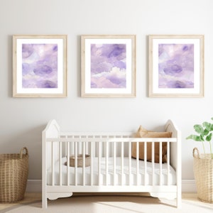 Purple Clouds Watercolor Art Prints Set of 3, Nursery Sky Wall Art Decor, Digital Prints, Digital Download, Kids Room Decorations, Boho