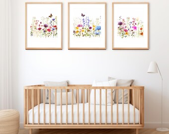 Wildflower Nursery Print Set, Pink Nursery Wall Art, Meadow Flowers ...