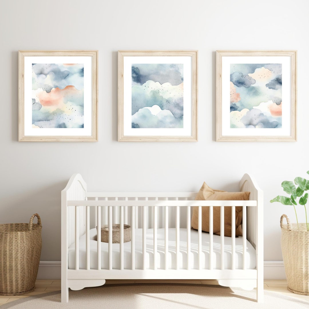 Clouds Nursery Watercolor Art Prints Set of 3, Sky Wall Art Decor ...