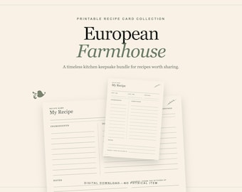 Tarjetas de recetas de estilo rústico europeo, 4x6 y 5x7 pulgadas, separadores de cocina (descarga digital)