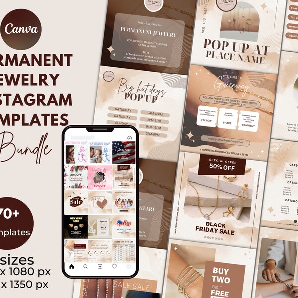 Permanent Jewelry Instagram Posts, Permanent Jewelry Social Media Template, Permanent Jewelry Business Supplies, Canva Editable Templates