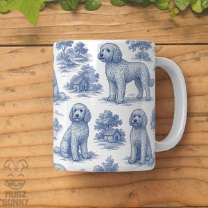 Golden Doodle Mug, Blue Toile de Jouy Dog Coffee Cup, Goldendoodle Gift for Dog Lover, Dog Mom, Doodle Owner, Doodle Mug