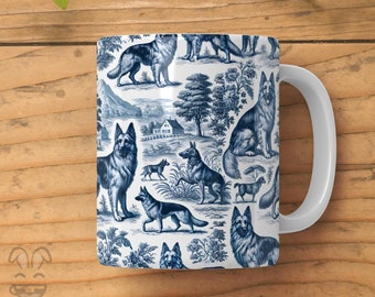 German Shepherd Mug - French Toile de Jouy Ceramic Mug - German Shepherd Gift for Dog Lovers, German Shepherd Mom - Blue Toile Cup