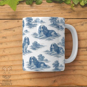 Cavalier King Charles Spaniel Mug, Blue Toile de Jouy Coffee Cup, Cavalier Gift for Dog Lover, Dog Mom, Pet Owner