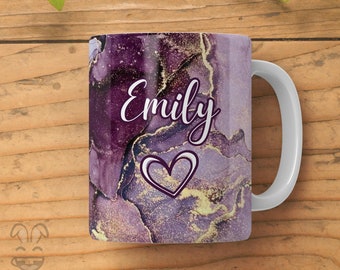 Custom Marble Mug - Personalised Name with Purple Marble Design - Marble Coffee Mug, Eid Gift, Fashionable Mug Gift for Her
