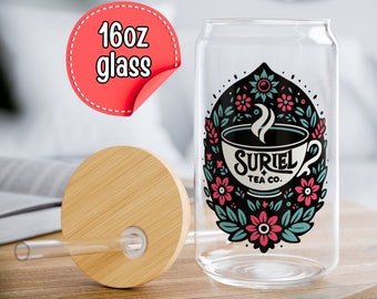 Suriel Tea Co Glass Can 16oz | Acotar Cup | Banned Books Cup | Booktok Tumbler | Feyre And Rhysand | Velaris Cup
