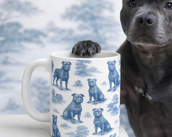 Staffordshire Bull Terrier Mug, Blue Toile de Jouy Dog Coffee Cup, Staffie Gift for Dog Lover, Dog Mom, Pet Owner, Staffy Mug