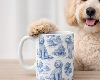Golden Doodle Mug, Blue Toile de Jouy Dog Coffee Cup, Goldendoodle Gift for Dog Lover, Dog Mom, Doodle Owner, Doodle Mug