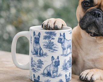 French Bulldog Toile de Jouy Mug: Elegant Frenchie Coffee Cup