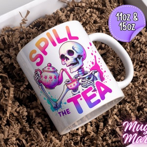 Spill The Tea Mug | Large Gossip Mug | Best Friend Gifts | Skeleton Tea Party Mug | The Tea Tarot Card Mug | Gift For Her