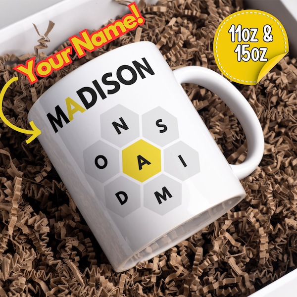 Nyt Spelling Bee Mug | Personalized Name | Wordle Mug | Custom 2 sided Large Mug | Office & co-worker gift