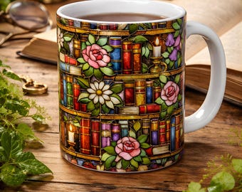 Floral Bookshelf Mug in Faux Stained Glass Style, Aesthetic Bookish Coffee Cup for Readers, Librarians and Book Lovers