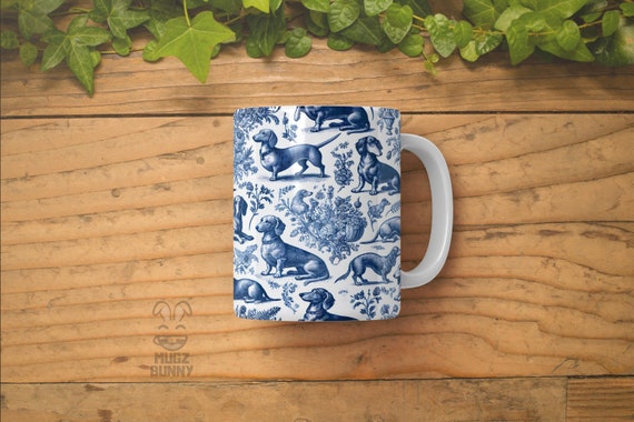 Dachshund Mug - French Toile de Jouy Mug, Dachshund Pattern, Sausage Dog Gift, Doxie Lovers, Dog Lovers Mug