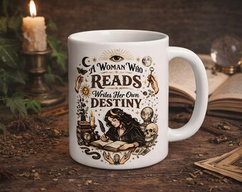 A Woman Who Reads Writes Her Own Destiny Mug, Aesthetic Bookish Coffee Cup for Librarians, Poets, Professors and Book Lovers