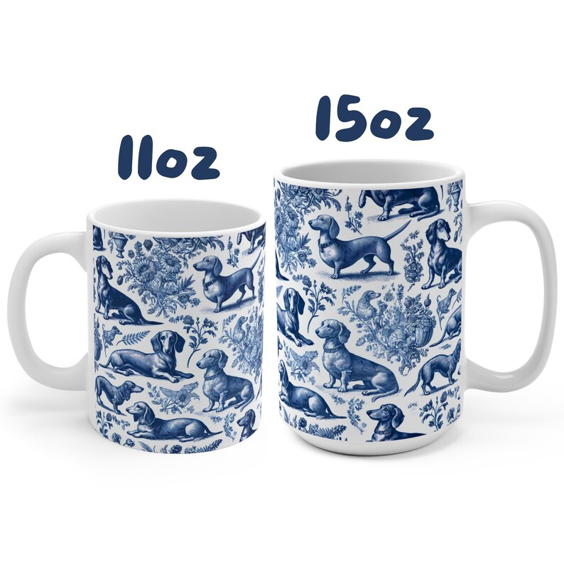 May include: Two white ceramic mugs with a blue and white pattern of dachshunds. The mugs are 11oz and 15oz.