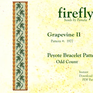 Puede incluir: Un patrón PDF digital para una pulsera Peyote. El diseño presenta un patrón repetido de hojas verdes sobre un fondo azul claro, enmarcado por bordes naranjas y crema. El texto dice "Grapevine II" y "Peyote Bracelet Pattern".