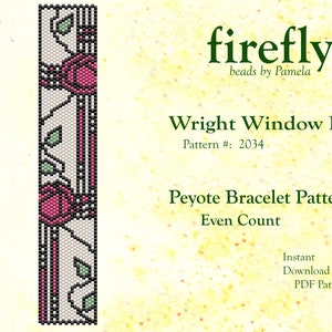 May include: A beading pattern for a peyote bracelet called "Wright Window II" by Firefly Beads. The pattern is for an even count peyote stitch bracelet and is available as an instant download PDF.