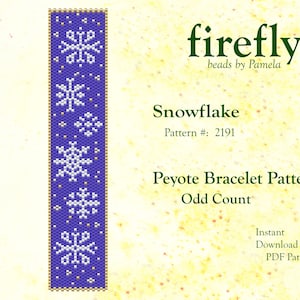 May include: A purple and white peyote stitch beading pattern for a snowflake bracelet. The pattern is called "Snowflake" and is pattern number 2191. The pattern is for an odd count peyote stitch bracelet.