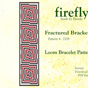 Könnte beinhalten: Ein Loom-Armbandmuster mit dem Titel "Fractured Brackets" mit einem geometrischen Design in Rot, Schwarz und Weiß. Das Muster stammt von "firefly beads by Pamela" und hat die Musternummer 2219. Es ist ein sofortiger PDF-Download.