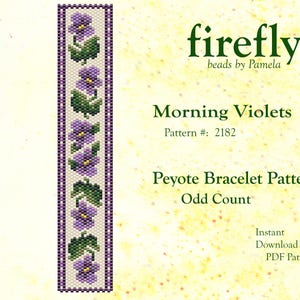 May include: A beading pattern for a peyote stitch bracelet featuring a design of purple morning glories with green leaves. The pattern is called "Morning Violets" and is number 2182. The pattern is for an odd count bracelet.