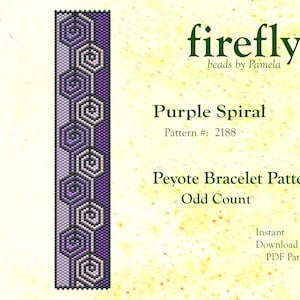 May include: Purple and white peyote stitch beading pattern for a bracelet. The pattern is called "Purple Spiral" and is pattern number 2188. The pattern is for an odd count peyote bracelet.