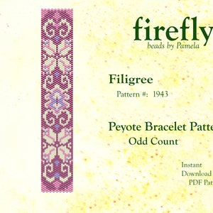 May include: A beaded bracelet pattern with a filigree design. The pattern is for an odd count peyote stitch bracelet. The pattern is called "Filigree" and is pattern number 1943. The pattern is available as an instant download PDF.