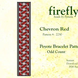 May include: A digital pattern for a peyote bracelet with a chevron design. The pattern features red, white, and black beads. The text "Chevron Red" and "Peyote Bracelet Pattern" are displayed. The pattern is an instant PDF download.