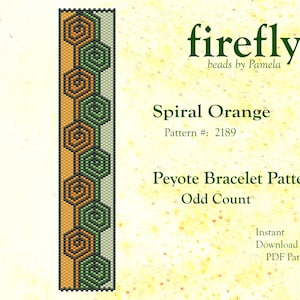 May include: A beading pattern for a peyote stitch bracelet called "Spiral Orange" with a green, orange, and white color scheme. The pattern is for an odd count bracelet and is available as an instant download PDF.