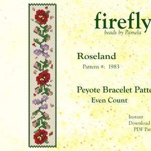 May include: A beaded peyote bracelet pattern with a floral design. The pattern features red and purple flowers with green leaves on a cream background. The text "Roseland" and "Peyote Bracelet Pattern" are also visible.