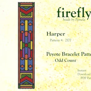 May include: A colorful peyote stitch bracelet pattern called "Harper" by Firefly Beads. The pattern is for an odd count bracelet and is available as an instant download PDF.