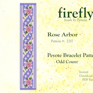 May include: A beaded bracelet pattern with a floral design. The pattern features pink flowers, green leaves, and a light purple background. The text "Rose Arbor" and "Peyote Bracelet Pattern" are also visible.