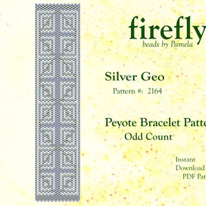 May include: A peyote stitch bracelet pattern featuring a geometric design in silver and white. The pattern is called "Silver Geo" and is pattern number 2164. The pattern is for an odd count peyote bracelet.