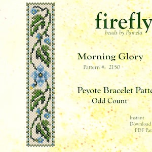 May include: A beading pattern for a peyote stitch bracelet featuring a morning glory flower design. The pattern is called "Morning Glory" and is number 2150. The pattern is for an odd count bracelet.