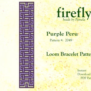 Könnte beinhalten: Ein Webband-Muster für ein lila und weißes Armband. Das Muster heißt "Purple Peru" und die Musternummer ist 2049. Das Muster ist als sofortiger Download im PDF-Format verfügbar.