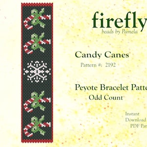 May include: A beading pattern for a peyote stitch bracelet featuring candy canes and snowflakes. The pattern is called "Candy Canes" and is pattern number 2192. The pattern is for an odd count peyote stitch bracelet.