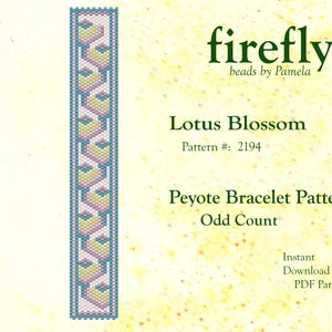 May include: A beaded bracelet pattern with a floral design in shades of pink, yellow, and blue. The pattern is labeled "Lotus Blossom" and is a "Peyote Bracelet Pattern". The image also includes the text "firefly beads by Pamela".