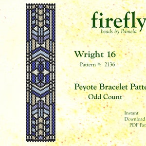 May include: A beaded bracelet pattern for peyote stitch, called "Wright 16", with a blue, white, and beige color scheme. The pattern is for an odd count bracelet and is available as an instant download PDF.