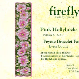 Pink Hollyhocks – Peyote Bracelet Pattern Seed Bead Bracelet Pattern Floral Even Count Peyote Miyuki Delica Size 11 Instant Download