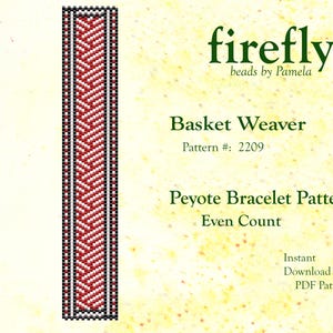 May include: A red, white, and black beaded bracelet pattern called "Basket Weaver" with the pattern number 2209. The pattern is for an even count peyote stitch bracelet. The pattern is available as an instant download PDF.