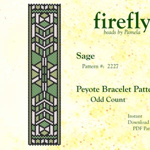 May include: A digital pattern for a Peyote bracelet, featuring a geometric design in shades of green, white, and black. The pattern is labeled "Sage" and includes the text "firefly beads by Pamela". The pattern is an instant PDF download.