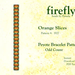 May include: A beading pattern for an orange slice peyote bracelet. The pattern is called "Orange Slices" and is pattern number 1927. It is an odd count peyote bracelet pattern. The pattern is available as an instant download PDF.