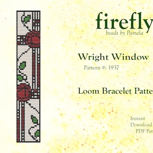 May include: A loom bracelet pattern for a beaded bracelet with a red, green, and white design. The pattern is called "Wright Window" and is pattern number 1937. The pattern is available as an instant download PDF.
